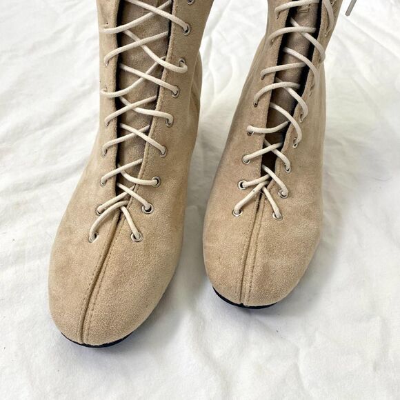 Nude Tan Faux Suede Ren Fair Witchy Pirate Wench Lace Up High Heel Boots 9 - 9.5 - Picture 3 of 8